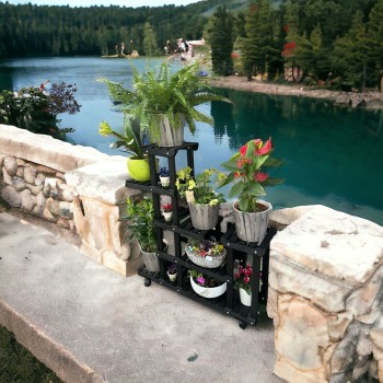 6-stöckiger Pflanzenständer aus Holz (Kiefer) in der Farbe SCHWARZ, feststellbare Räder + Mini-Gartenset