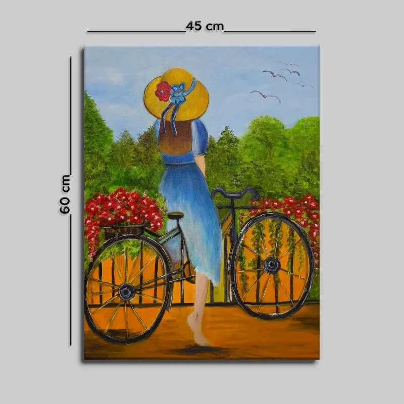 BİSİKLETLİ KIZ YAĞLI BOYA TABLOSU 60 X 45 cm