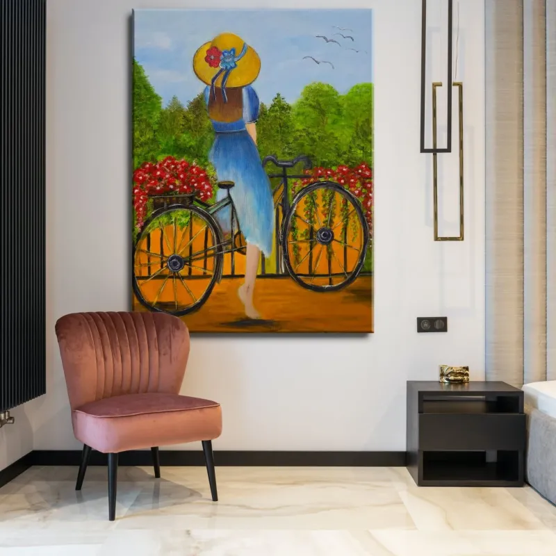 BİSİKLETLİ KIZ YAĞLI BOYA TABLOSU 60 X 45 cm