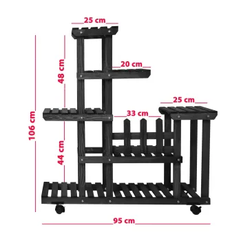 6-stöckiger Pflanzenständer aus Holz (Kiefer) in der Farbe SCHWARZ, feststellbare Räder + Mini-Gartenset 6-stöckiger Pflanzenständer aus Holz (Kiefer) in der Farbe SCHWARZ, feststellbare Räder + Mini-Gartenset