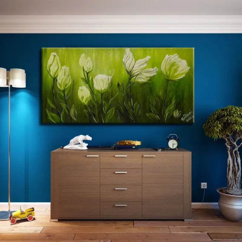 BEYAZ ÇİÇEK YAĞLI BOYA TABLOSU 35 X 70 cm